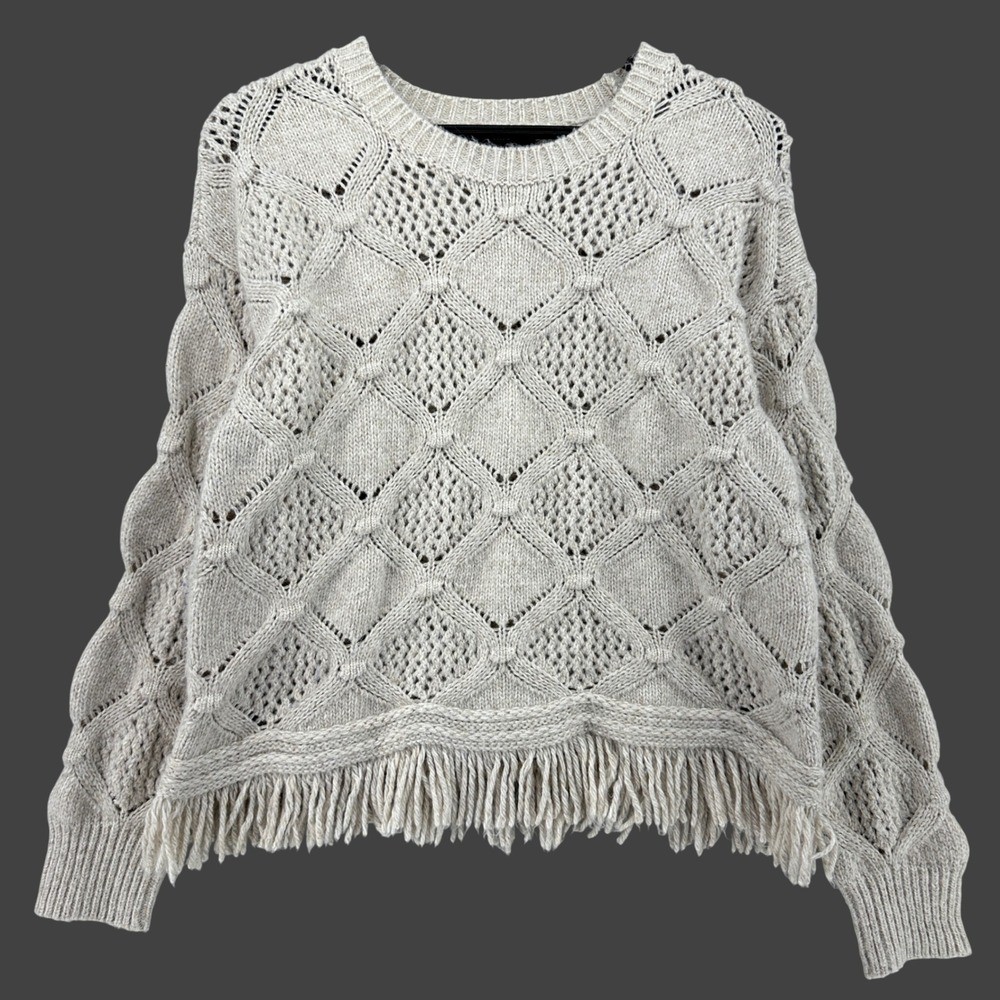 Frye Cream Diamond Open Knit Fringe Hem Crew Neck Sweater Womens M Preppy Boho